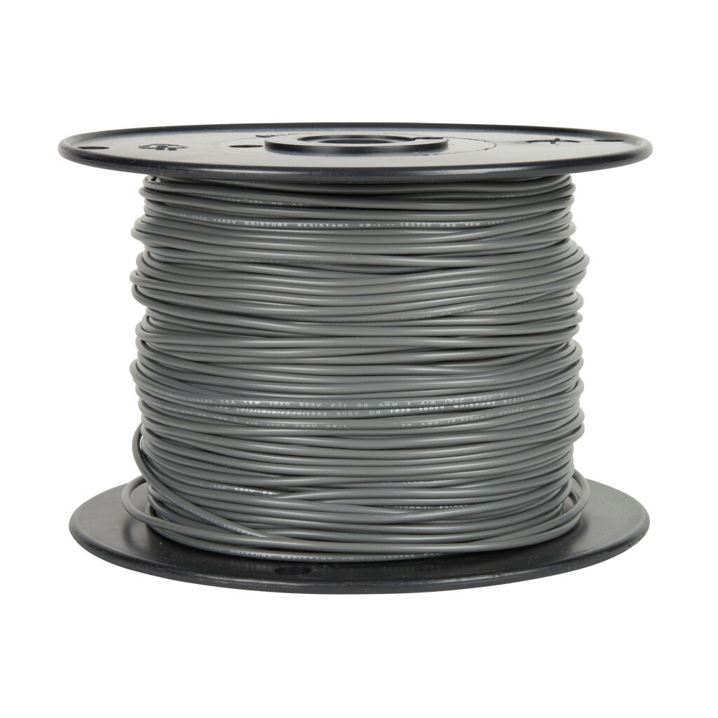AWM16GY - Atlas Wire AWM hook-up wire, single conductor, 16 AWG, 26-stranded, tinned copper, PVC conductor insulation material, gray, 300V, 500ft spool.