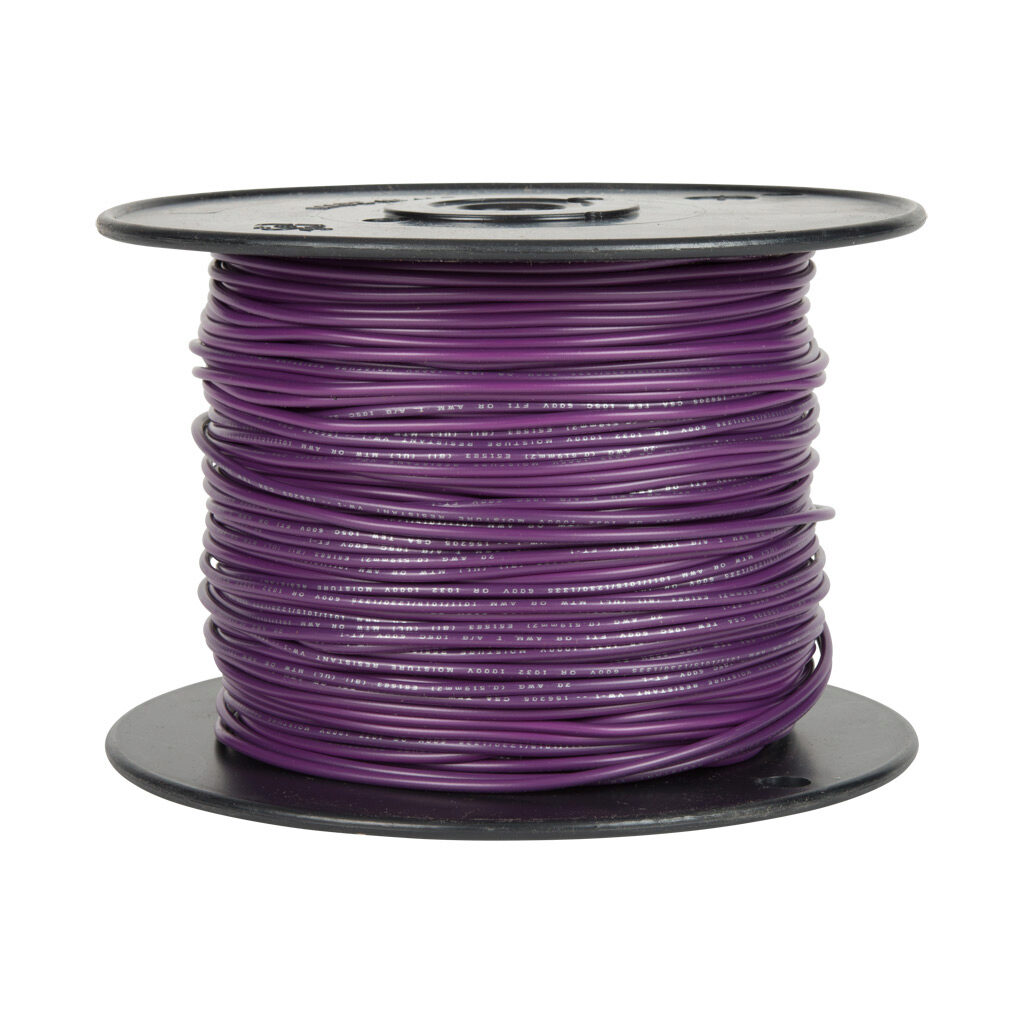 AWM16PL - Atlas Wire AWM hook-up wire, single conductor, 16 AWG, 26-stranded, tinned copper, PVC conductor insulation material, purple, 300V, 500ft spool.