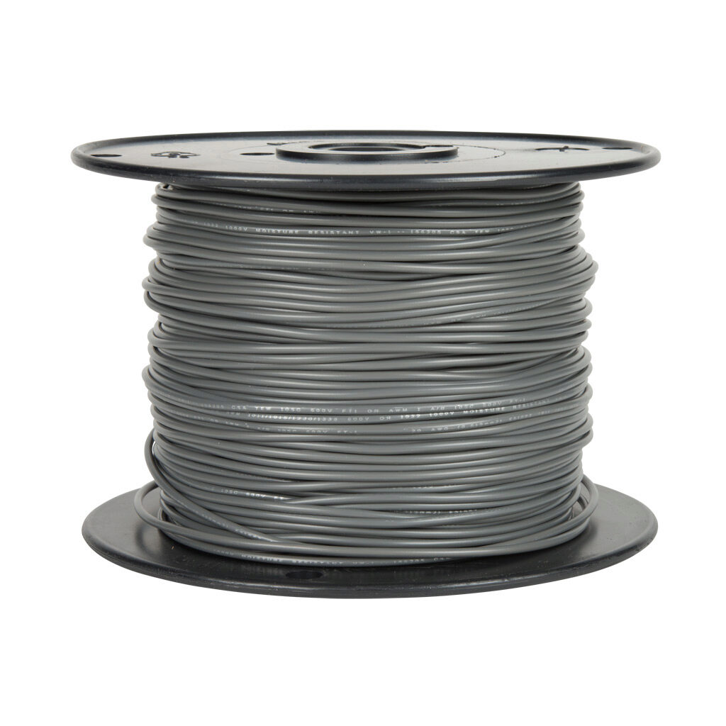 AWM18GY - Atlas Wire AWM hook-up wire, single conductor, 18 AWG, 16-stranded, tinned copper, PVC conductor insulation material, gray, 300V, 500ft spool.