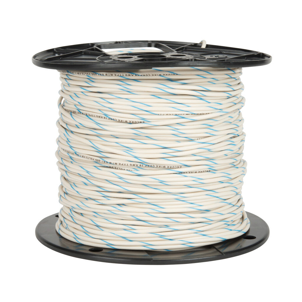 AWM18WB - Atlas Wire AWM hook-up wire, single conductor, 18 AWG, 16-stranded, tinned copper, PVC conductor insulation material, white with blue stripe, 300V, 500ft spool.