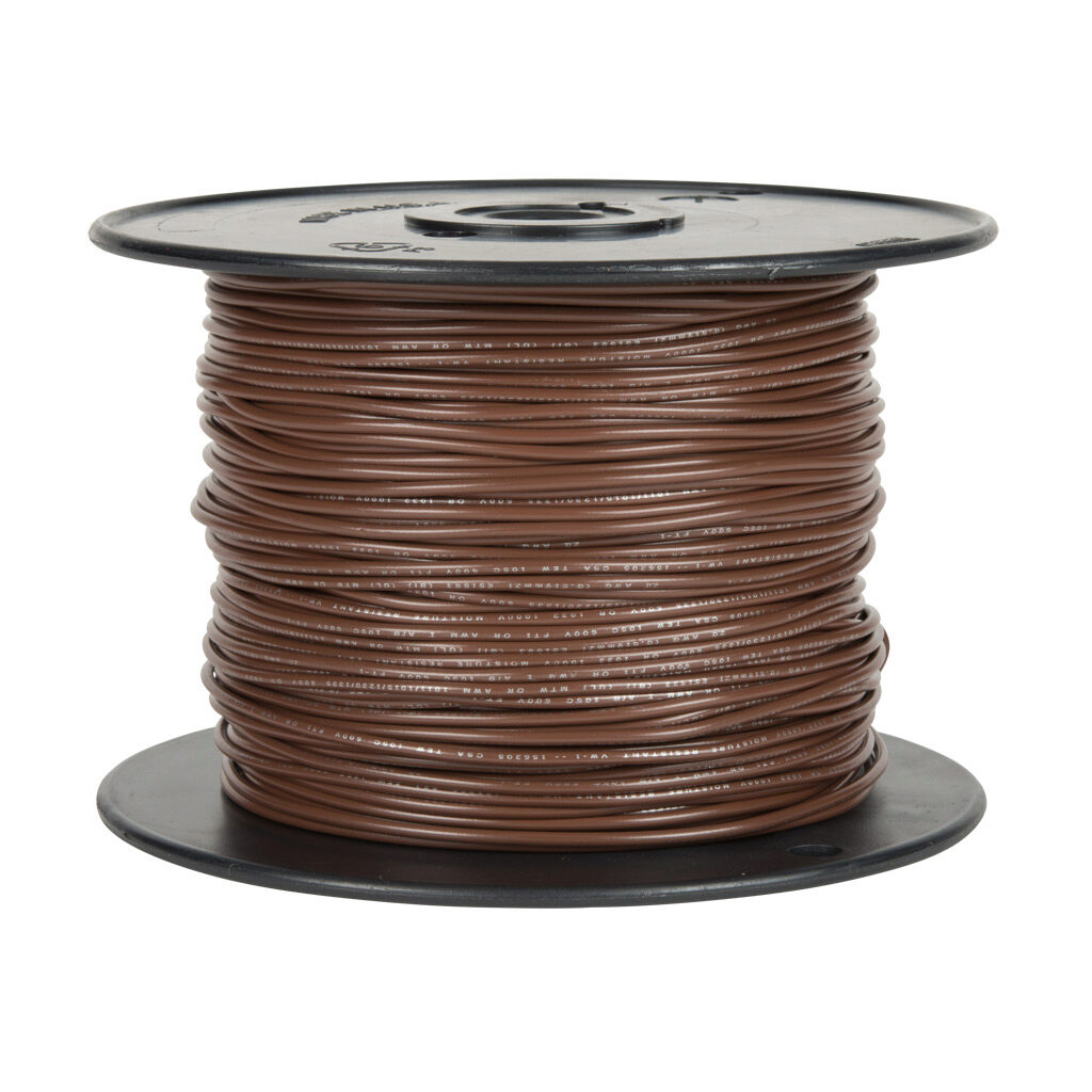 AWM20BN - Atlas Wire AWM hook-up wire, single conductor, 20 AWG, 10-stranded, tinned copper, PVC conductor insulation material, brown, 300V, 500ft spool.