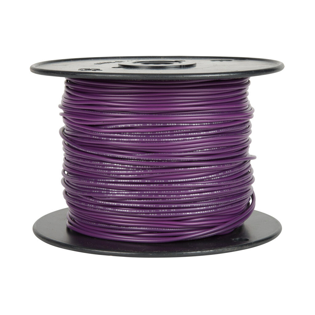 AWM20PL - Atlas Wire AWM hook-up wire, single conductor, 20 AWG, 10-stranded, tinned copper, PVC conductor insulation material, purple, 300V, 500ft spool.