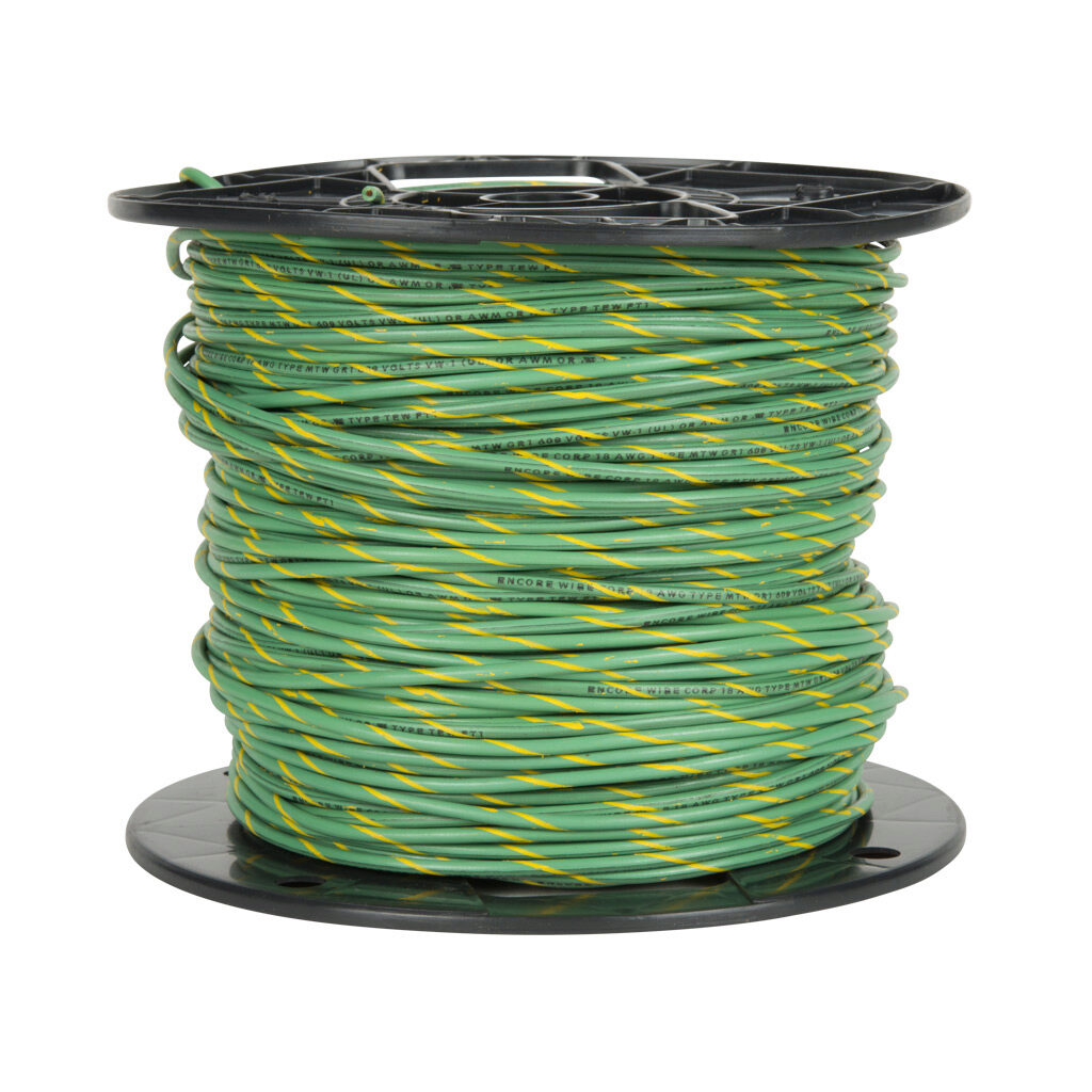 AWM22GYL10 - Atlas Wire AWM hook-up wire, single conductor, 22 AWG, 7-stranded, tinned copper, PVC conductor insulation material, green with yellow stripe, 300V, 1000ft spool.