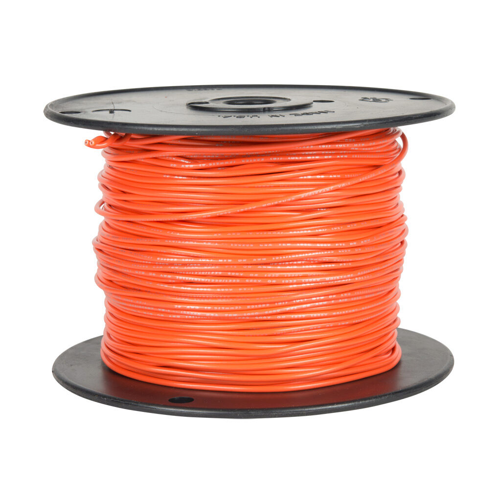 AWM22OR10 - Atlas Wire AWM hook-up wire, single conductor, 22 AWG, 7-stranded, tinned copper, PVC conductor insulation material, orange, 300V, 1000ft spool.