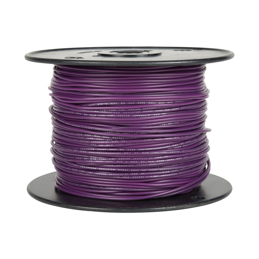 AWM24PL10 - Atlas Wire AWM hook-up wire, single conductor, 24 AWG, 7-stranded, tinned copper, PVC conductor insulation material, purple, 300V, 1000ft spool.