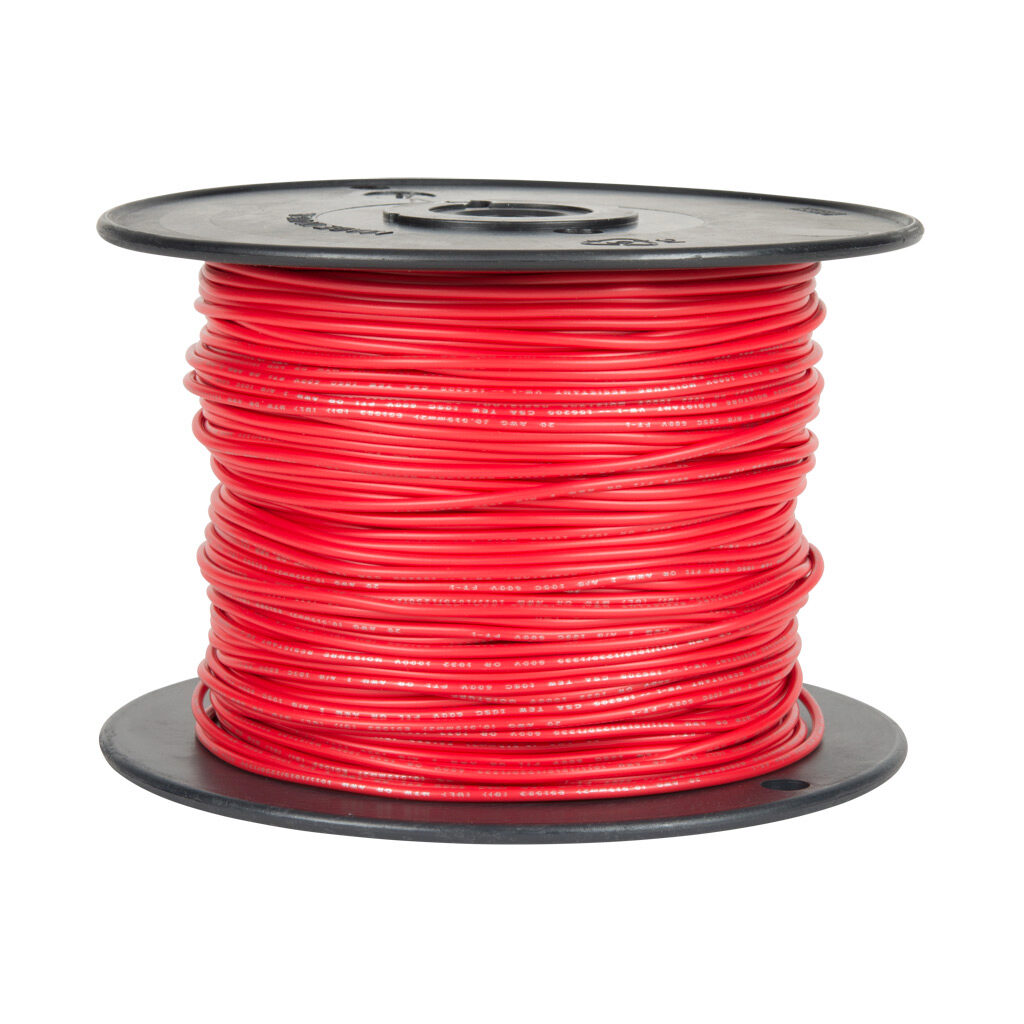 AWM24RD10 - Atlas Wire AWM hook-up wire, single conductor, 24 AWG, 7-stranded, tinned copper, PVC conductor insulation material, red, 300V, 1000ft spool.