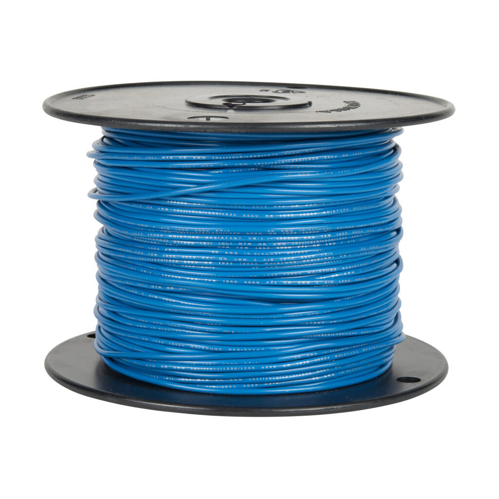 AWM26BL10 - Atlas Wire AWM hook-up wire, single conductor, 26 AWG, 7-stranded, tinned copper, PVC conductor insulation material, blue, 300V, 1000ft spool.