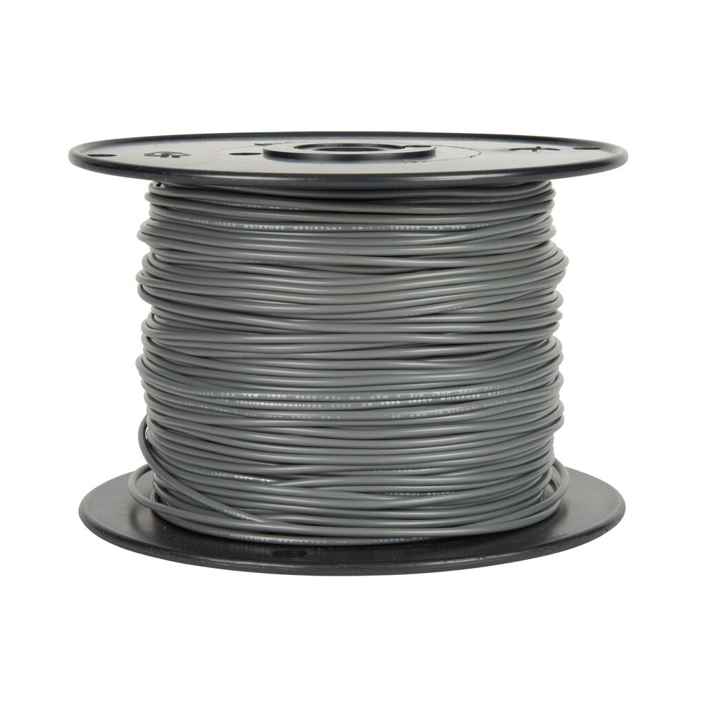 AWM26GY10 - Atlas Wire AWM hook-up wire, single conductor, 26 AWG, 7-stranded, tinned copper, PVC conductor insulation material, gray, 300V, 1000ft spool.