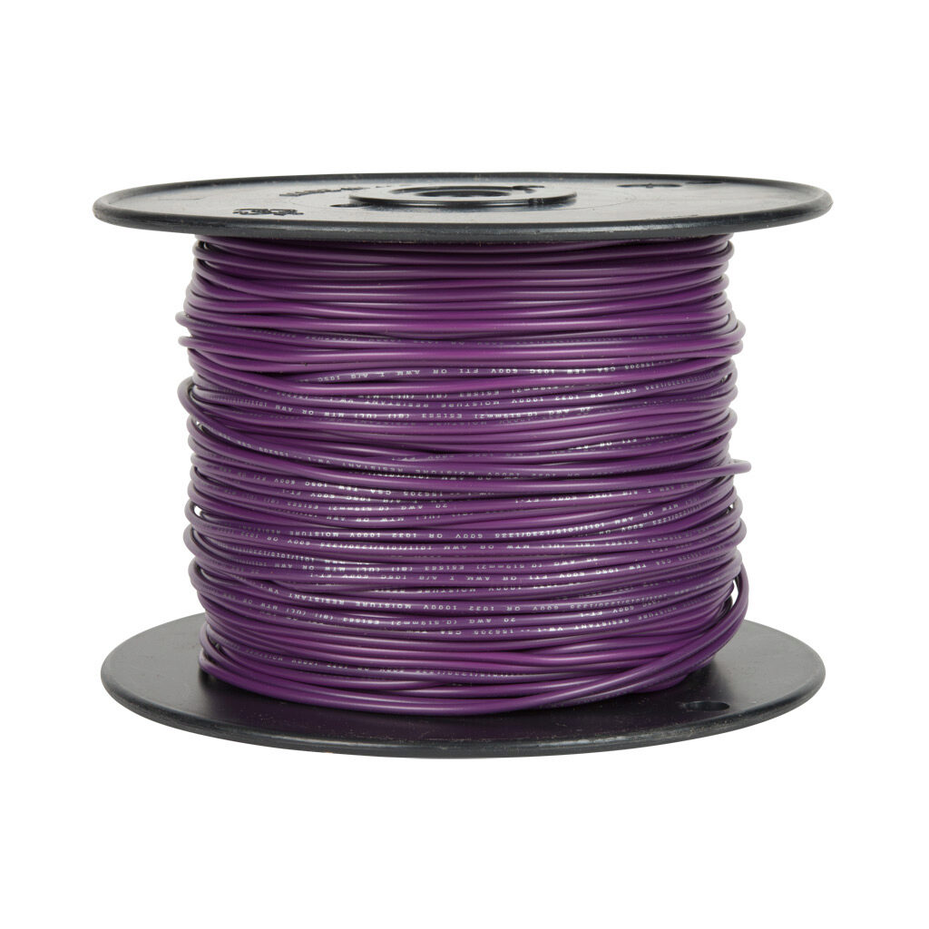 AWM26PL10 - Atlas Wire AWM hook-up wire, single conductor, 26 AWG, 7-stranded, tinned copper, PVC conductor insulation material, purple, 300V, 1000ft spool.