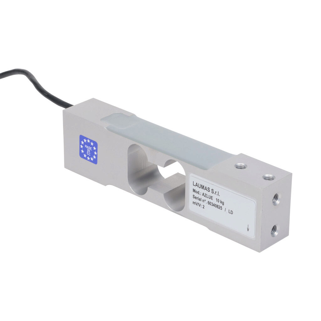 AZLUE10 - Laumas single point load cell, 22 lb/10 kg, +/- 0.02% of full scale accuracy, voltage signal range(s) of 2 mV/V, 3-15 VDC, anodized aluminum alloy, IP65, (7) M6 threaded, 6.5ft/2m integral 4-wire shielded cable.