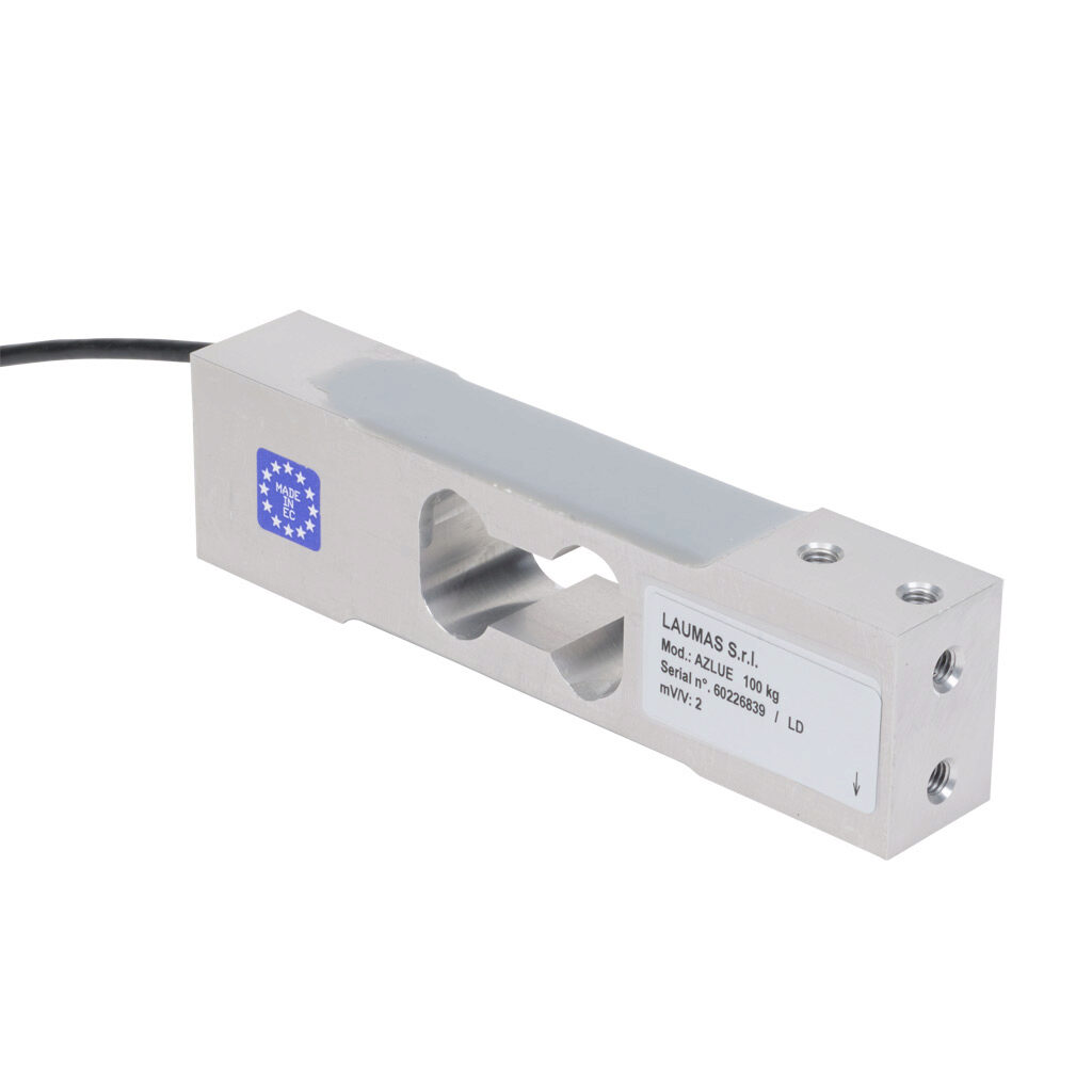 AZLUE100 - Laumas single point load cell, 220 lb/100 kg, +/- 0.02% of full scale accuracy, voltage signal range(s) of 2 mV/V, 3-15 VDC, anodized aluminum alloy, IP65, (7) M6 threaded, 6.5ft/2m integral 4-wire shielded cable.