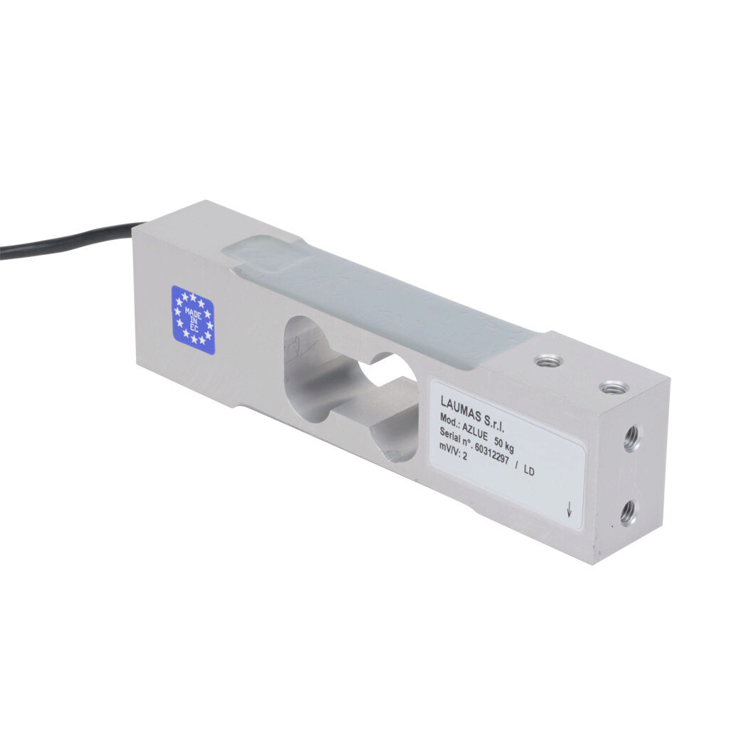 AZLUE50 - Laumas single point load cell, 110 lb/50 kg, +/- 0.02% of full scale accuracy, voltage signal range(s) of 2 mV/V, 3-15 VDC, anodized aluminum alloy, IP65, (7) M6 threaded, 6.5ft/2m integral 4-wire shielded cable.