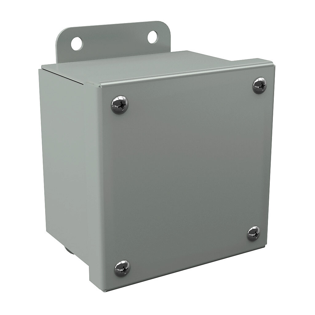 B040403SC - Wiegmann enclosure, NEMA 12/13, 4 x 4 x 3in (HxWxD), wall mount, carbon steel, ANSI 61 gray, powder coat finish, screw cover.