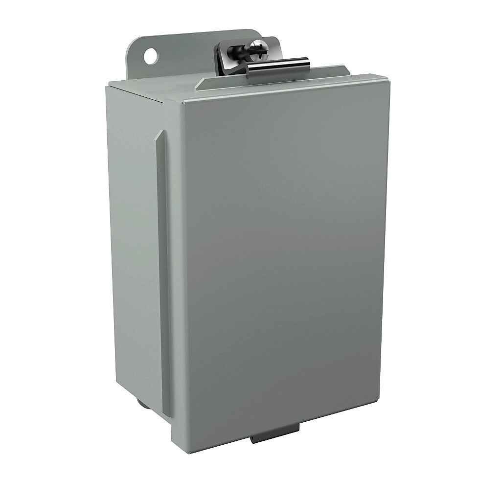 B060403 - Wiegmann enclosure, NEMA 12/13, 6 x 4 x 3in (HxWxD), wall mount, carbon steel, ANSI 61 gray, powder coat finish, lift-off cover, plated steel clamps.