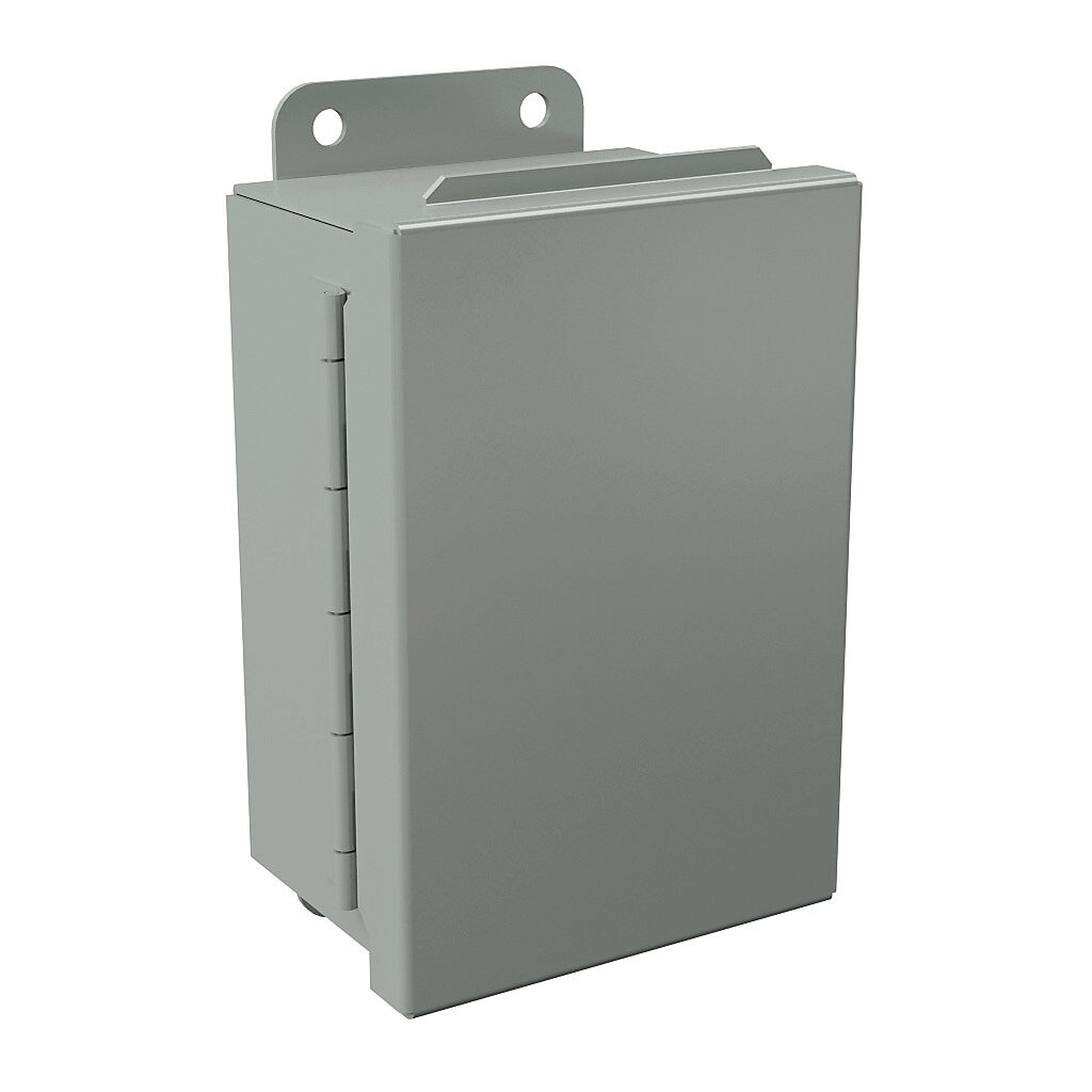 B060403CH - Wiegmann enclosure, NEMA 12/13, 6 x 4 x 3in (HxWxD), wall mount, carbon steel, ANSI 61 gray, powder coat finish, single-door, plated steel clamps.