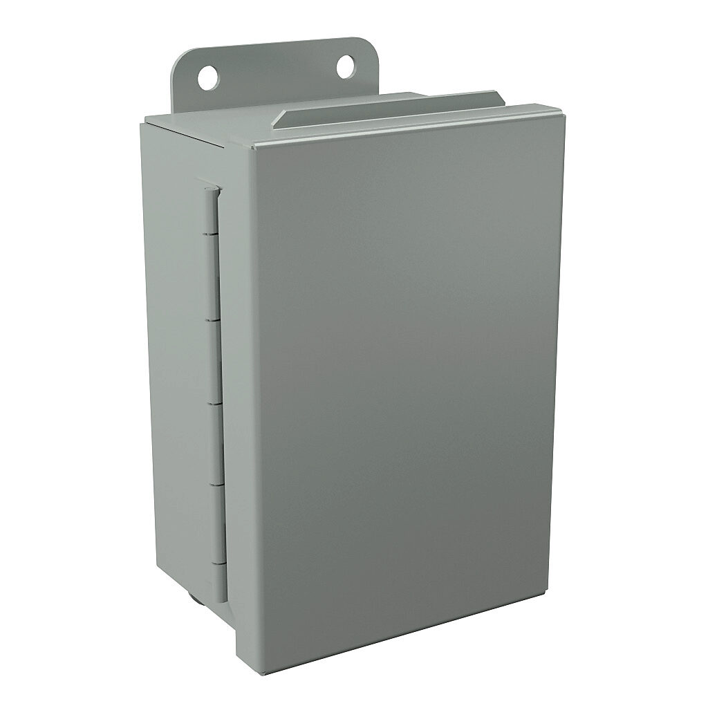 B060403CHQR - Wiegmann enclosure, NEMA 12/13, 6 x 4 x 3in (HxWxD), wall mount, carbon steel, ANSI 61 gray, powder coat finish, single-door, quick-release latch.