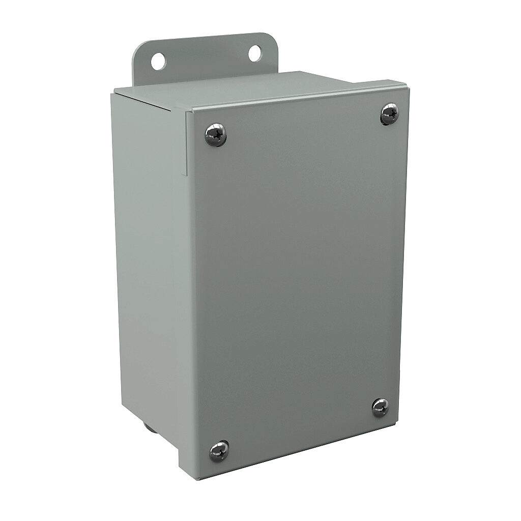 B060403SC - Wiegmann enclosure, NEMA 12/13, 6 x 4 x 3in (HxWxD), wall mount, carbon steel, ANSI 61 gray, powder coat finish, screw cover.