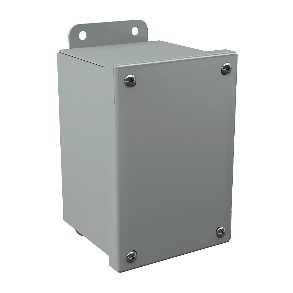 B060404SC - Wiegmann enclosure, NEMA 12/13, 6 x 4 x 4in (HxWxD), wall mount, carbon steel, ANSI 61 gray, powder coat finish, screw cover.