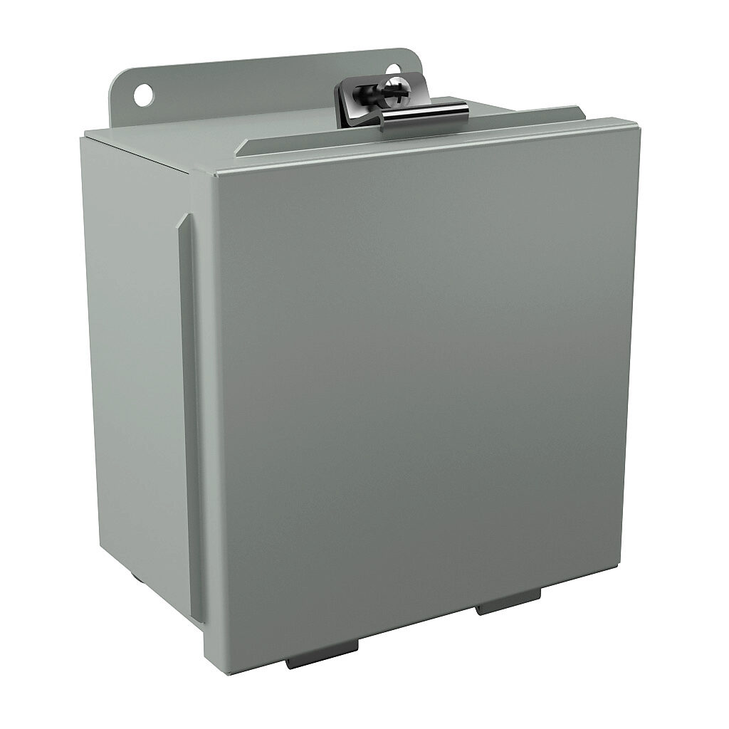 B060604 - Wiegmann enclosure, NEMA 12/13, 6 x 6 x 4in (HxWxD), wall mount, carbon steel, ANSI 61 gray, powder coat finish, lift-off cover, plated steel clamps.