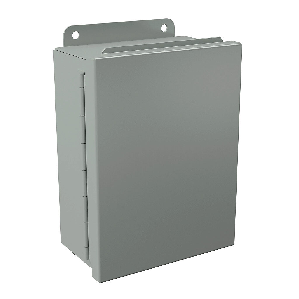 B080603CH - Wiegmann enclosure, NEMA 12/13, 8 x 6 x 3in (HxWxD), wall mount, carbon steel, ANSI 61 gray, powder coat finish, single-door, plated steel clamps.