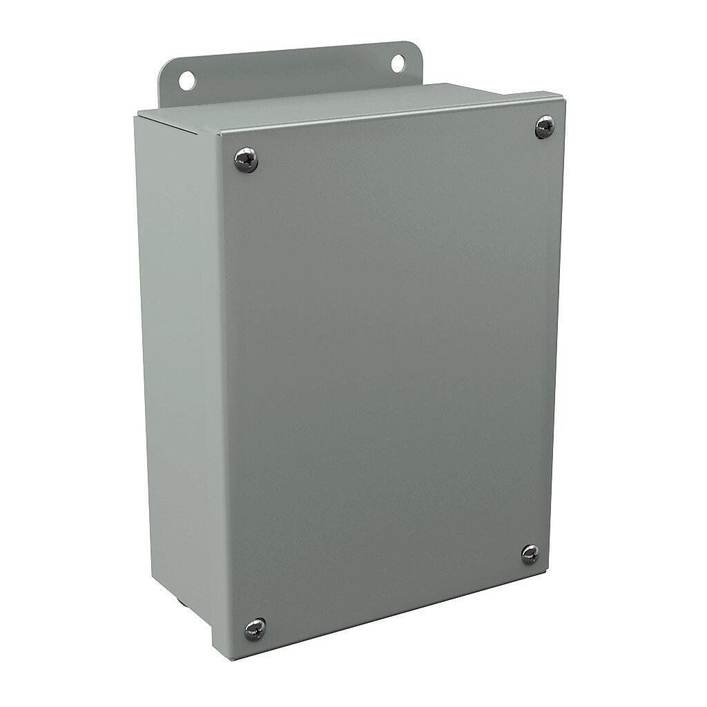 B080603SC - Wiegmann enclosure, NEMA 12/13, 8 x 6 x 3in (HxWxD), wall mount, carbon steel, ANSI 61 gray, powder coat finish, screw cover.