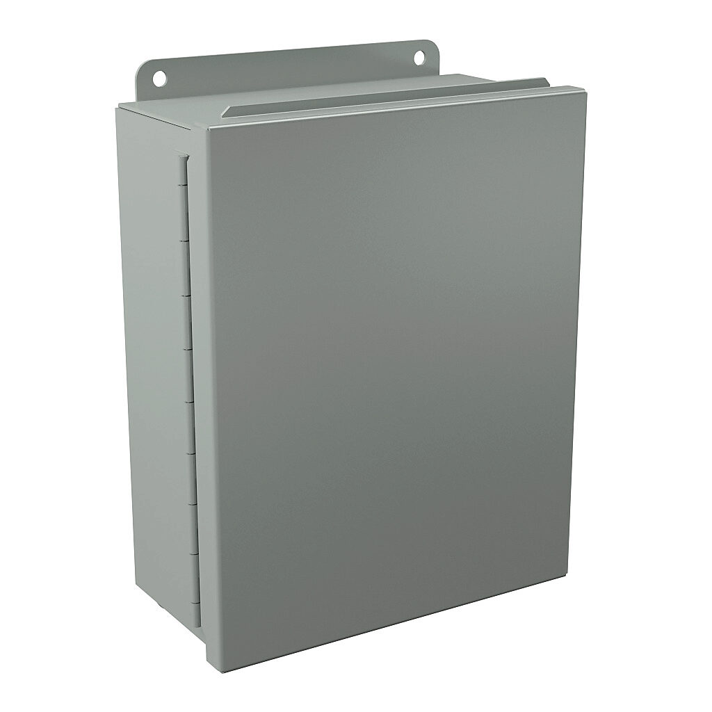 B100804CHQR - Wiegmann enclosure, NEMA 12/13, 10 x 8 x 4in (HxWxD), wall mount, carbon steel, ANSI 61 gray, powder coat finish, single-door, quick-release latch.