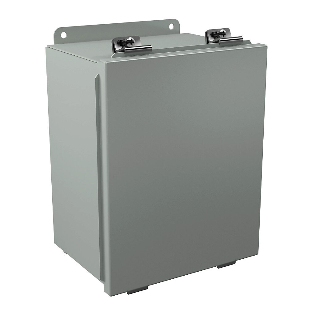 B100806 - Wiegmann enclosure, NEMA 12/13, 10 x 8 x 6in (HxWxD), wall mount, carbon steel, ANSI 61 gray, powder coat finish, lift-off cover, plated steel clamps.