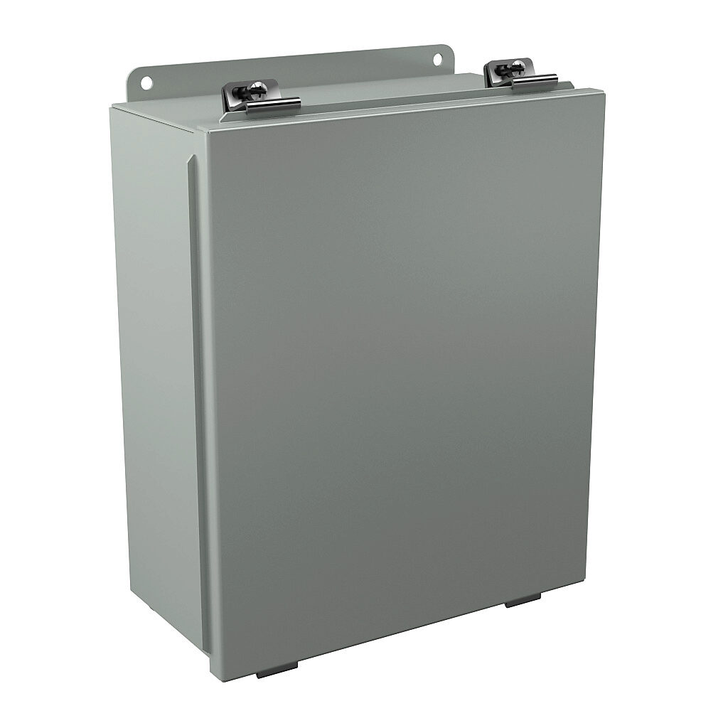 B121005 - Wiegmann enclosure, NEMA 12/13, 12 x 10 x 5in (HxWxD), wall mount, carbon steel, ANSI 61 gray, powder coat finish, lift-off cover, plated steel clamps.