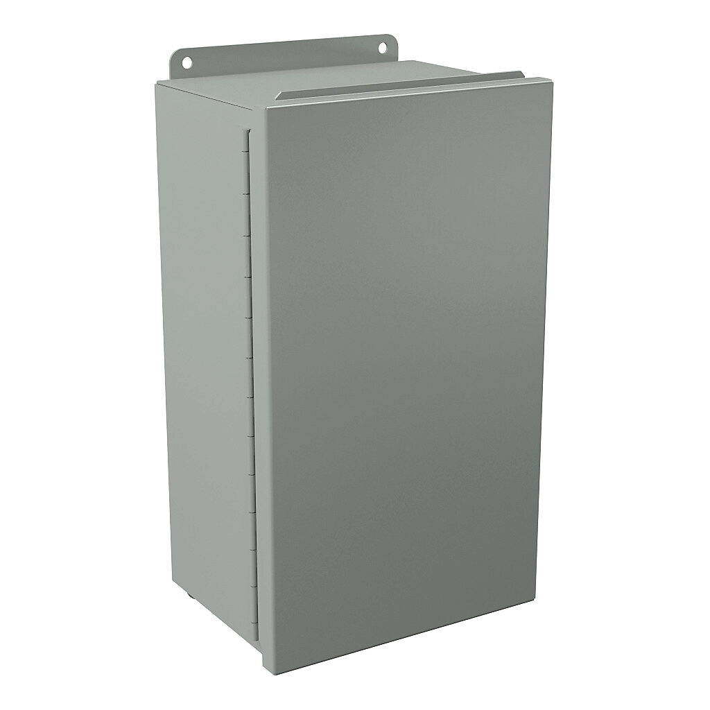 B140806CH - Wiegmann enclosure, NEMA 12/13, 14 x 8 x 6in (HxWxD), wall mount, carbon steel, ANSI 61 gray, powder coat finish, single-door, plated steel clamps.