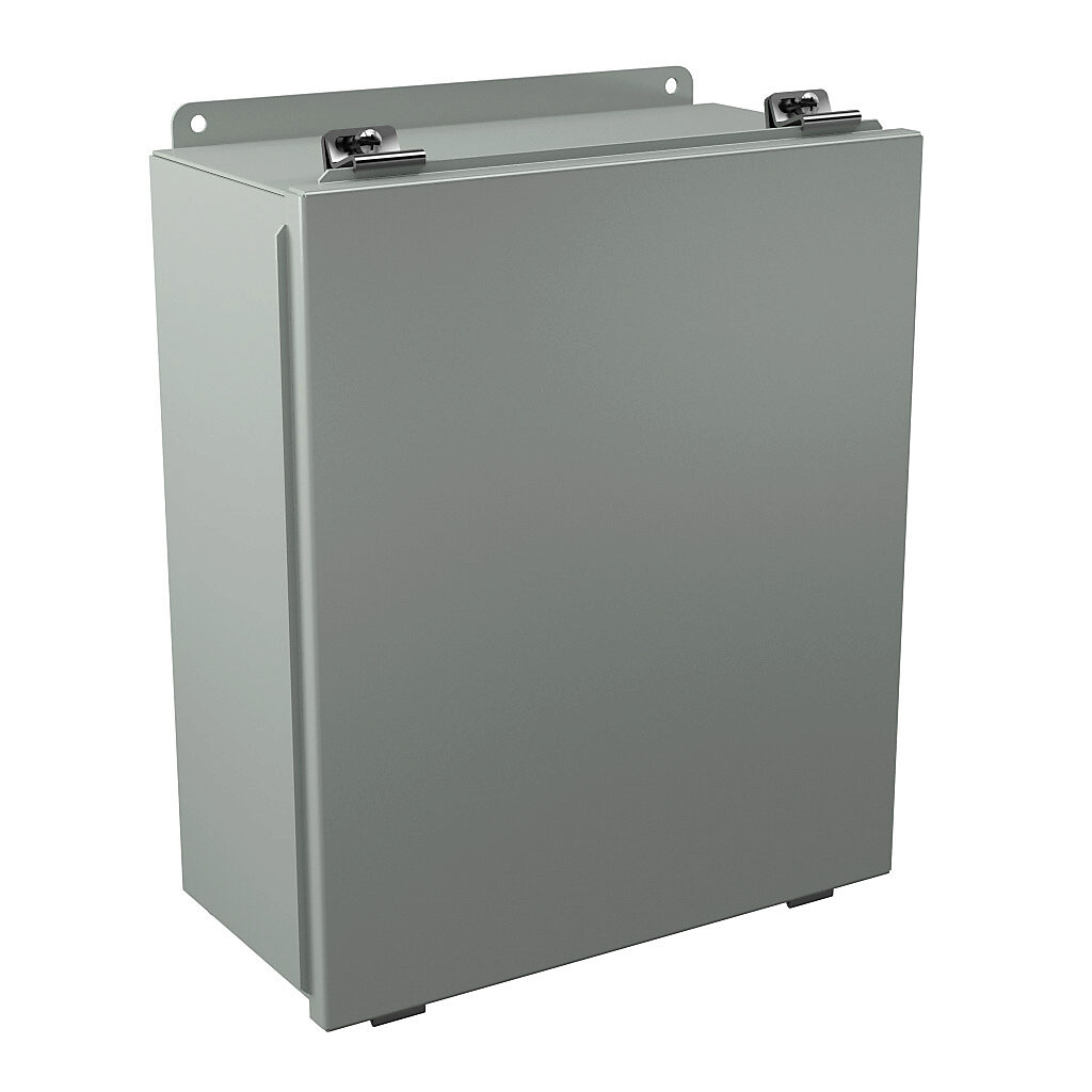 B141206 - Wiegmann enclosure, NEMA 12/13, 14 x 12 x 6in (HxWxD), wall mount, carbon steel, ANSI 61 gray, powder coat finish, lift-off cover, plated steel clamps.