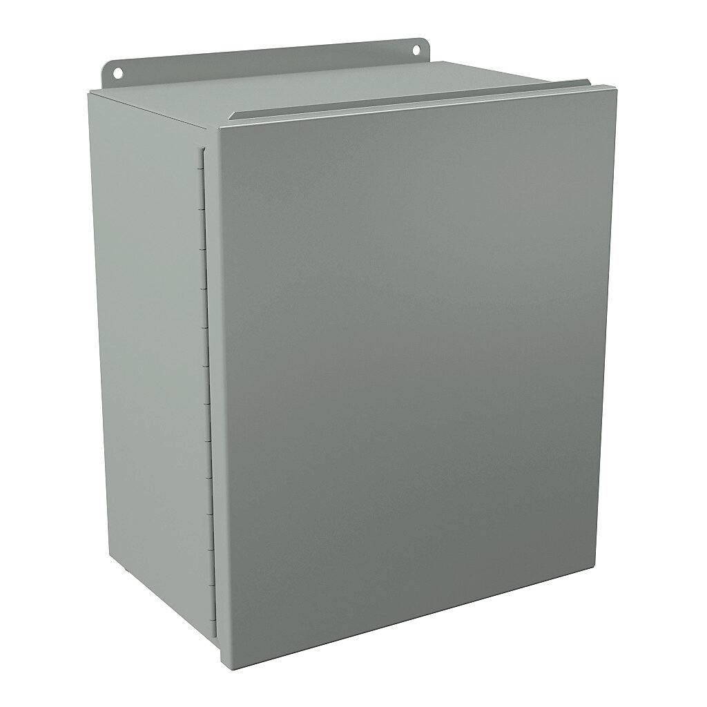 B141208CH - Wiegmann enclosure, NEMA 12/13, 14 x 12 x 8in (HxWxD), wall mount, carbon steel, ANSI 61 gray, powder coat finish, single-door, plated steel clamps.