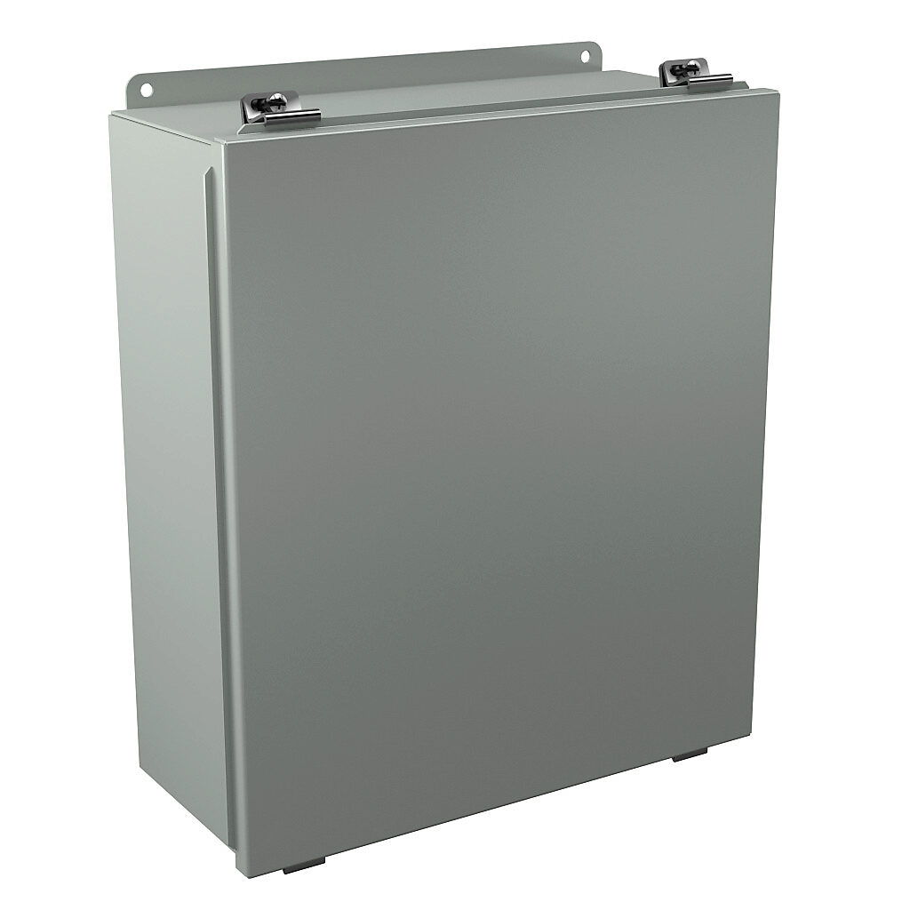B161406 - Wiegmann enclosure, NEMA 12/13, 16 x 14 x 6in (HxWxD), wall mount, carbon steel, ANSI 61 gray, powder coat finish, lift-off cover, plated steel clamps.