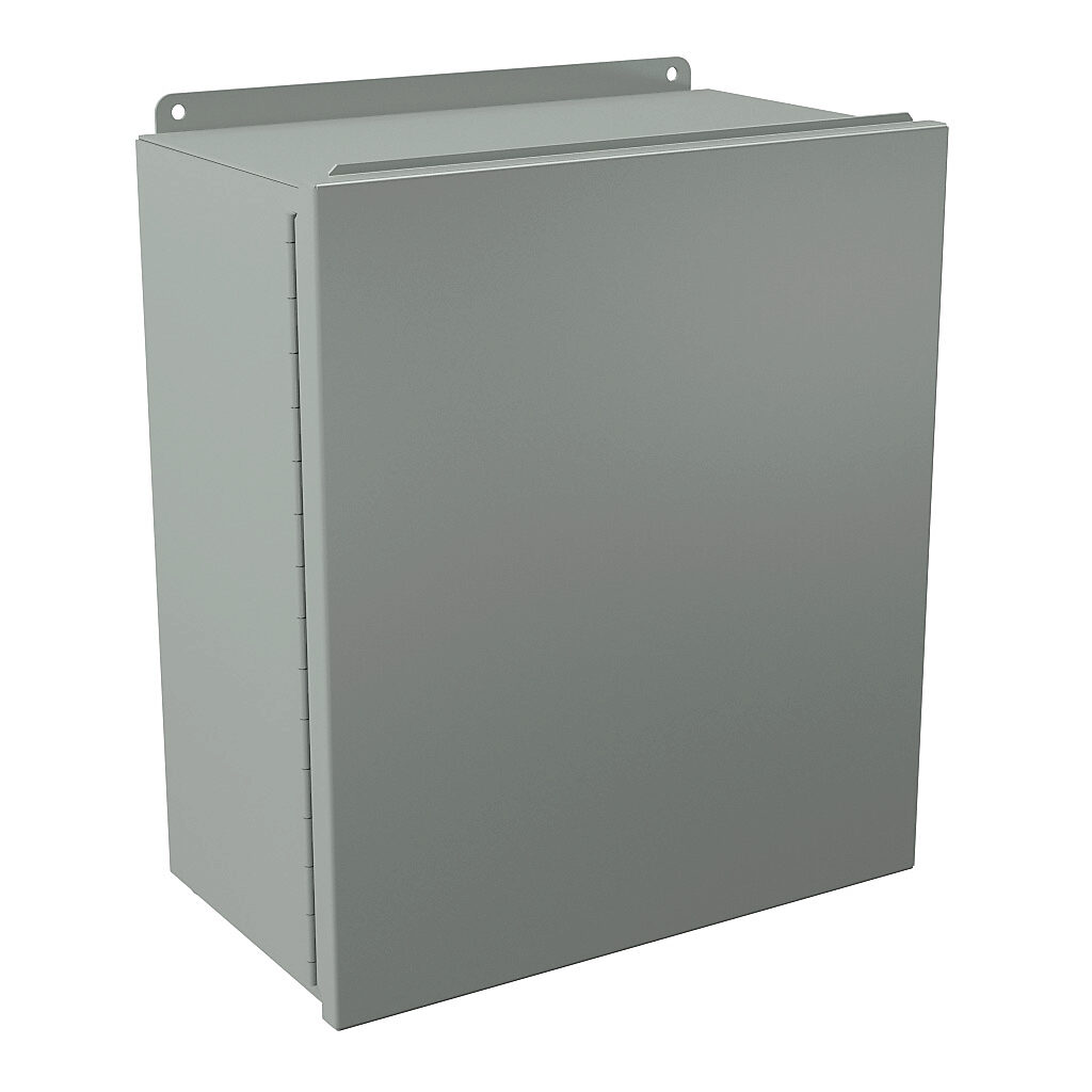 B161408CH - Wiegmann enclosure, NEMA 12/13, 16 x 14 x 8in (HxWxD), wall mount, carbon steel, ANSI 61 gray, powder coat finish, single-door, plated steel clamps.
