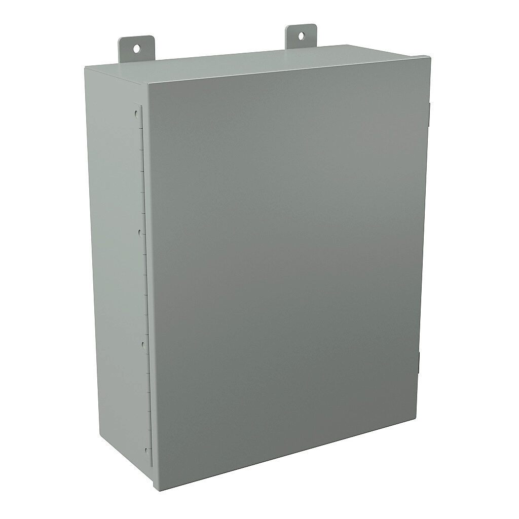 B201607CH - Wiegmann enclosure, NEMA 12, 20 x 16 x 7in (HxWxD), wall mount, carbon steel, ANSI 61 gray, powder coat finish, single-door, plated steel clamps.