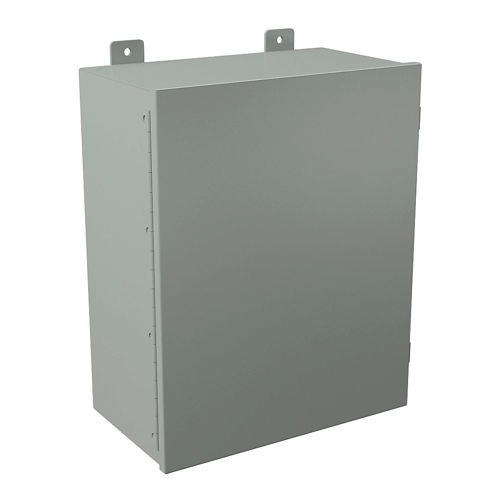 B201609CH - Wiegmann enclosure, NEMA 12, 20 x 16 x 9in (HxWxD), wall mount, carbon steel, ANSI 61 gray, powder coat finish, single-door, plated steel clamps.