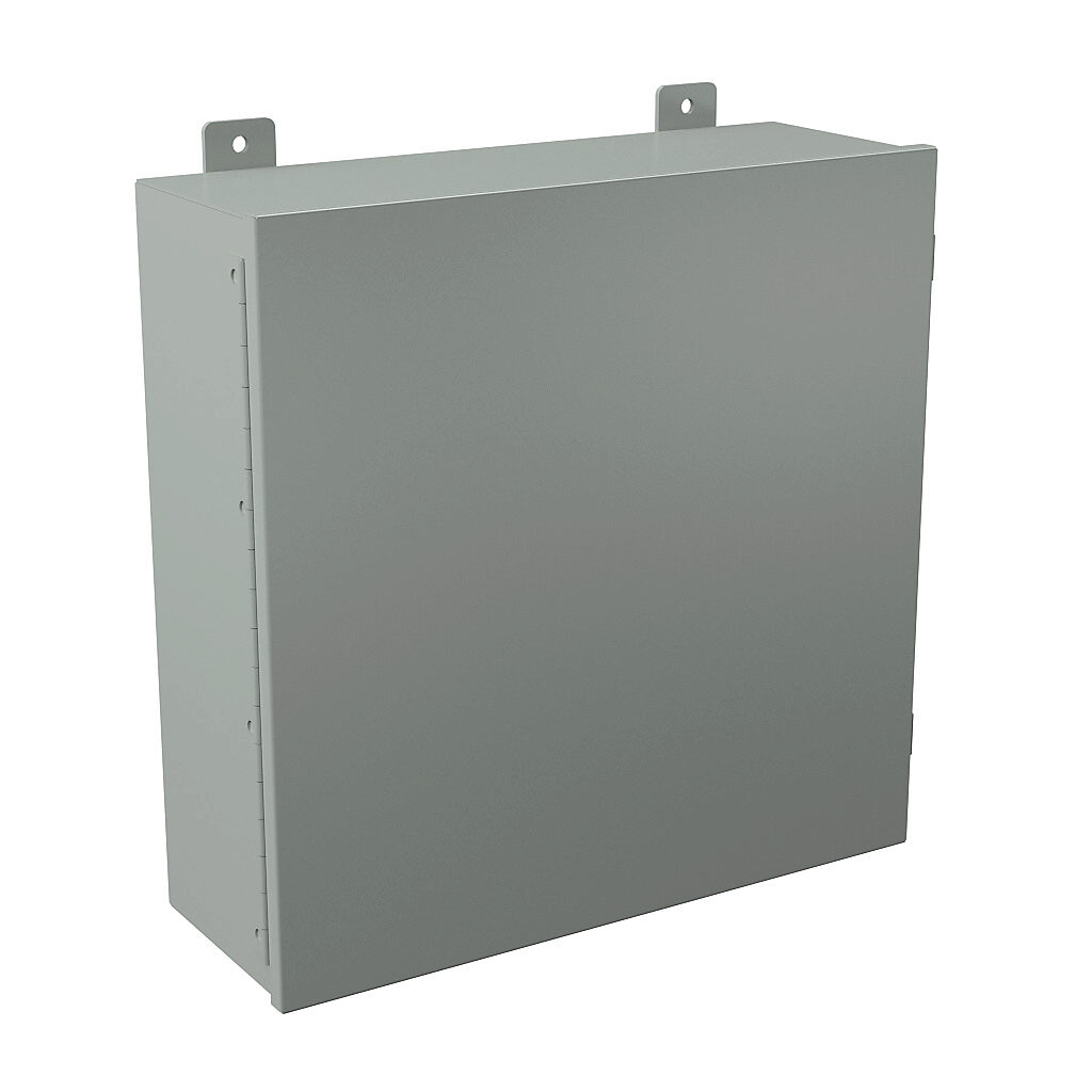 B202007CH - Wiegmann enclosure, NEMA 12, 20 x 20 x 7in (HxWxD), wall mount, carbon steel, ANSI 61 gray, powder coat finish, single-door, plated steel clamps.