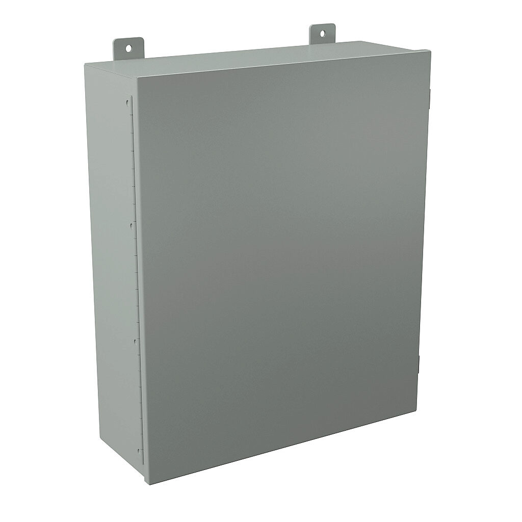 B242007CH - Wiegmann enclosure, NEMA 12, 24 x 20 x 7in (HxWxD), wall mount, carbon steel, ANSI 61 gray, powder coat finish, single-door, plated steel clamps.