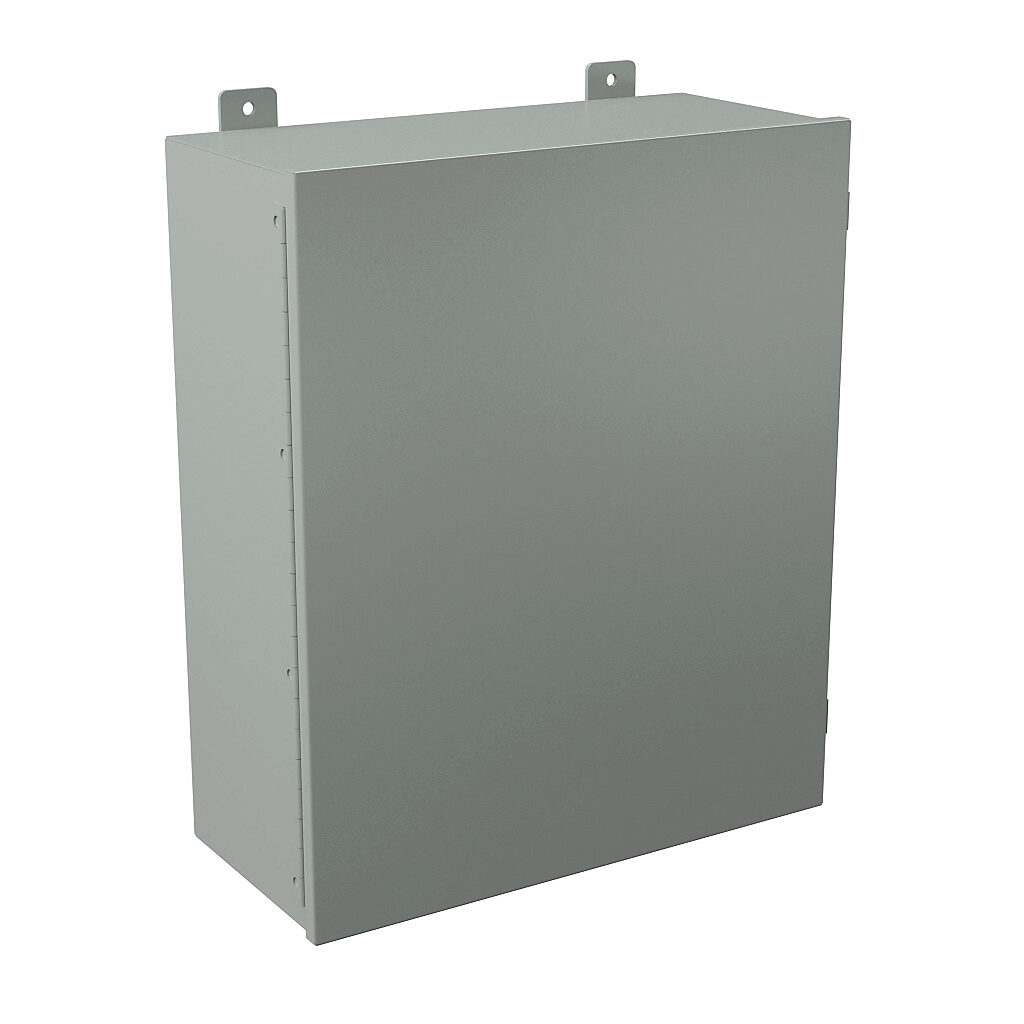 B242009CH - Wiegmann enclosure, NEMA 12, 24 x 20 x 9in (HxWxD), wall mount, carbon steel, ANSI 61 gray, powder coat finish, single-door, plated steel clamps.