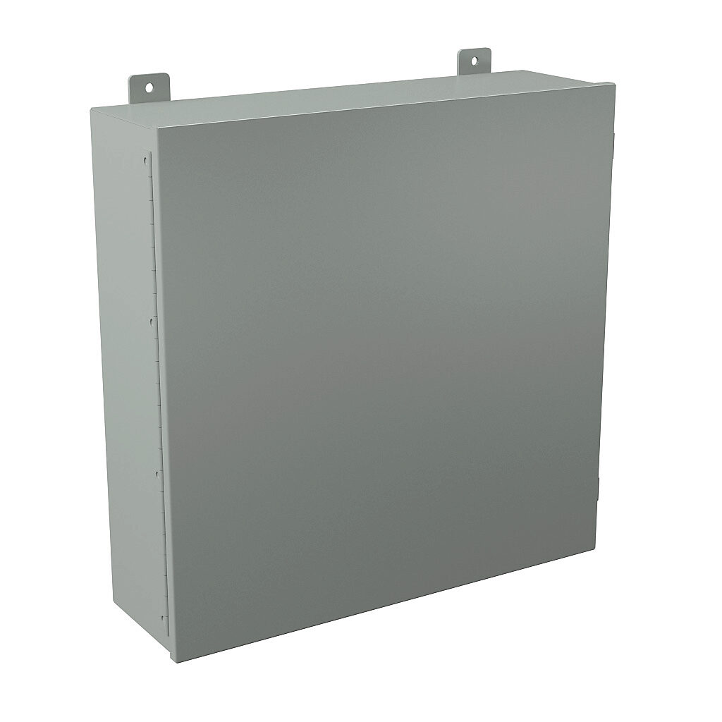 B242407CH - Wiegmann enclosure, NEMA 12, 24 x 24 x 7in (HxWxD), wall mount, carbon steel, ANSI 61 gray, powder coat finish, single-door, plated steel clamps.
