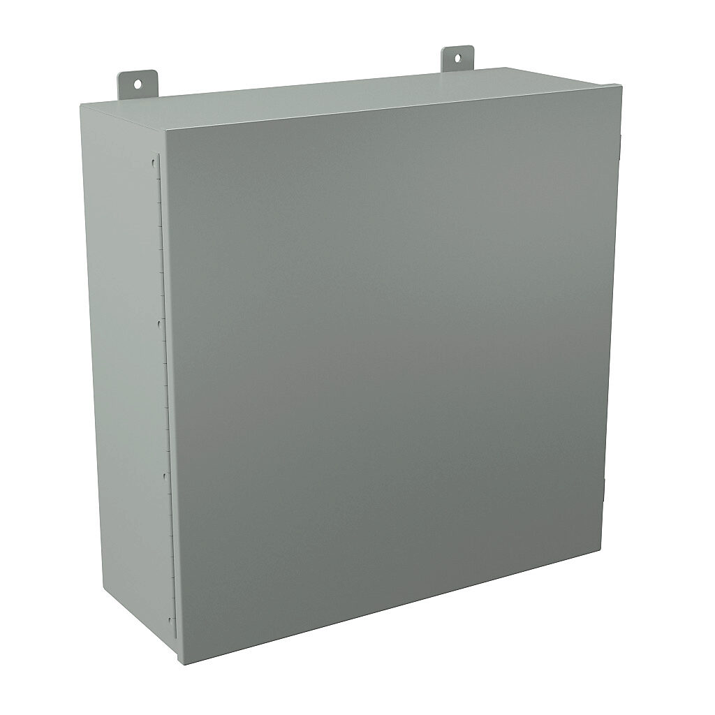 B242409CH - Wiegmann enclosure, NEMA 12, 24 x 24 x 9in (HxWxD), wall mount, carbon steel, ANSI 61 gray, powder coat finish, single-door, plated steel clamps.
