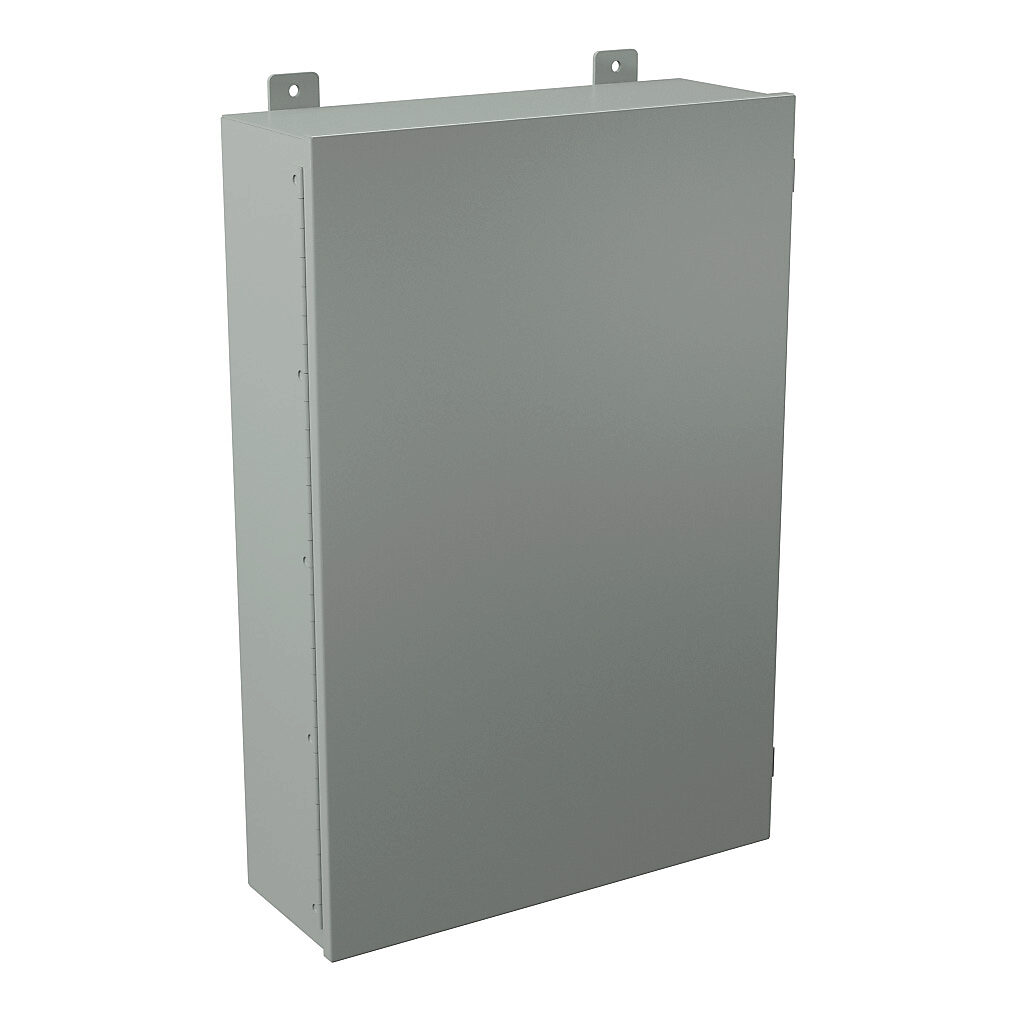 B302007CH - Wiegmann enclosure, NEMA 12, 30 x 20 x 7in (HxWxD), wall mount, carbon steel, ANSI 61 gray, powder coat finish, single-door, plated steel clamps.