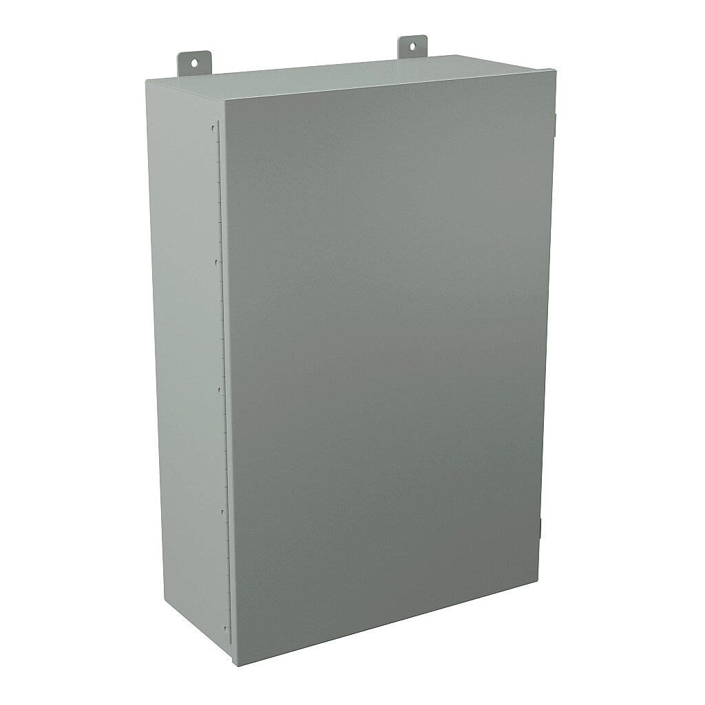 B302009CH - Wiegmann enclosure, NEMA 12, 30 x 20 x 9in (HxWxD), wall mount, carbon steel, ANSI 61 gray, powder coat finish, single-door, plated steel clamps.