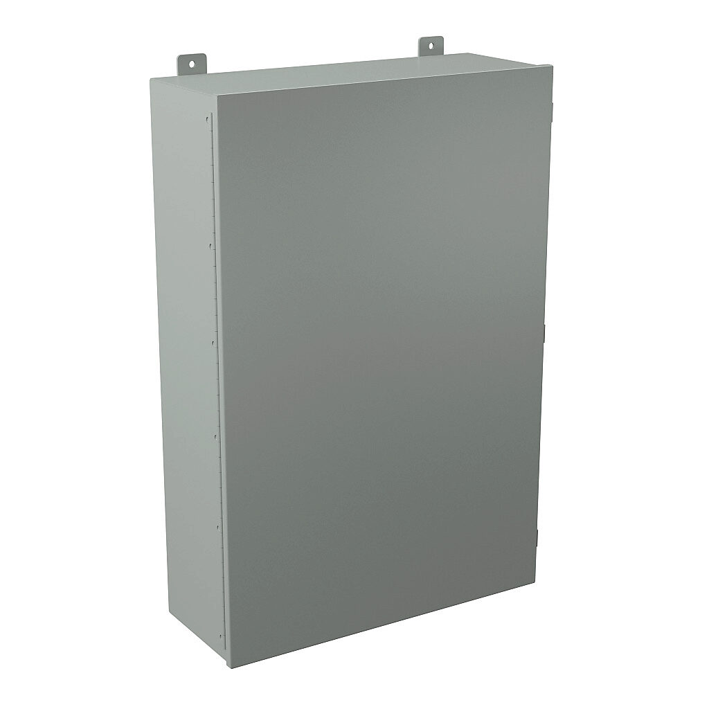 B362409CH - Wiegmann enclosure, NEMA 12, 36 x 24 x 9in (HxWxD), wall mount, carbon steel, ANSI 61 gray, powder coat finish, single-door, plated steel clamps.