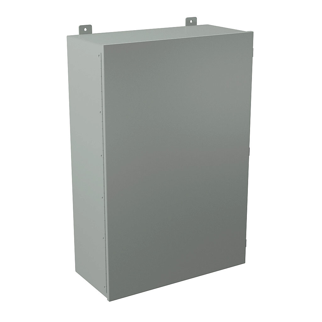 B362411CH - Wiegmann enclosure, NEMA 12, 36 x 24 x 11in (HxWxD), wall mount, carbon steel, ANSI 61 gray, powder coat finish, single-door, plated steel clamps.