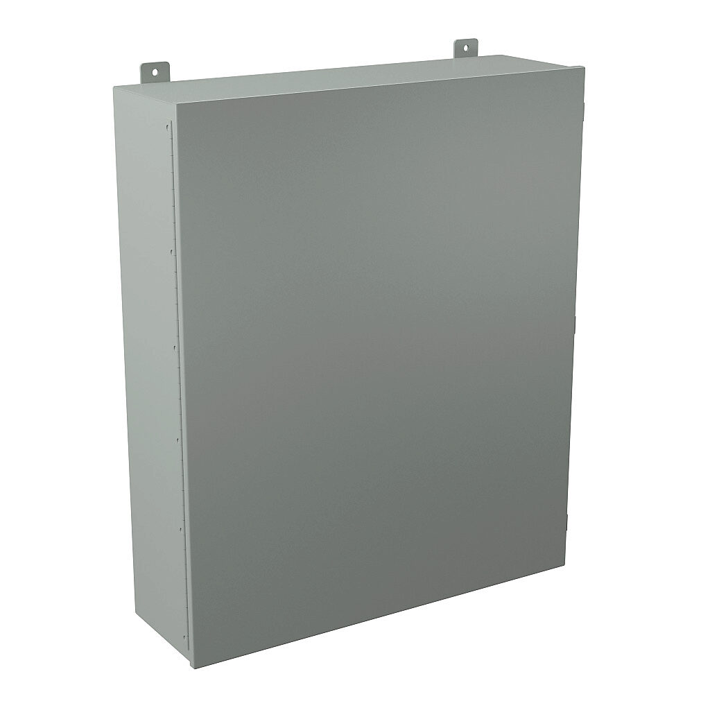 B363009CH - Wiegmann enclosure, NEMA 12, 36 x 30 x 9in (HxWxD), wall mount, carbon steel, ANSI 61 gray, powder coat finish, single-door, plated steel clamps.