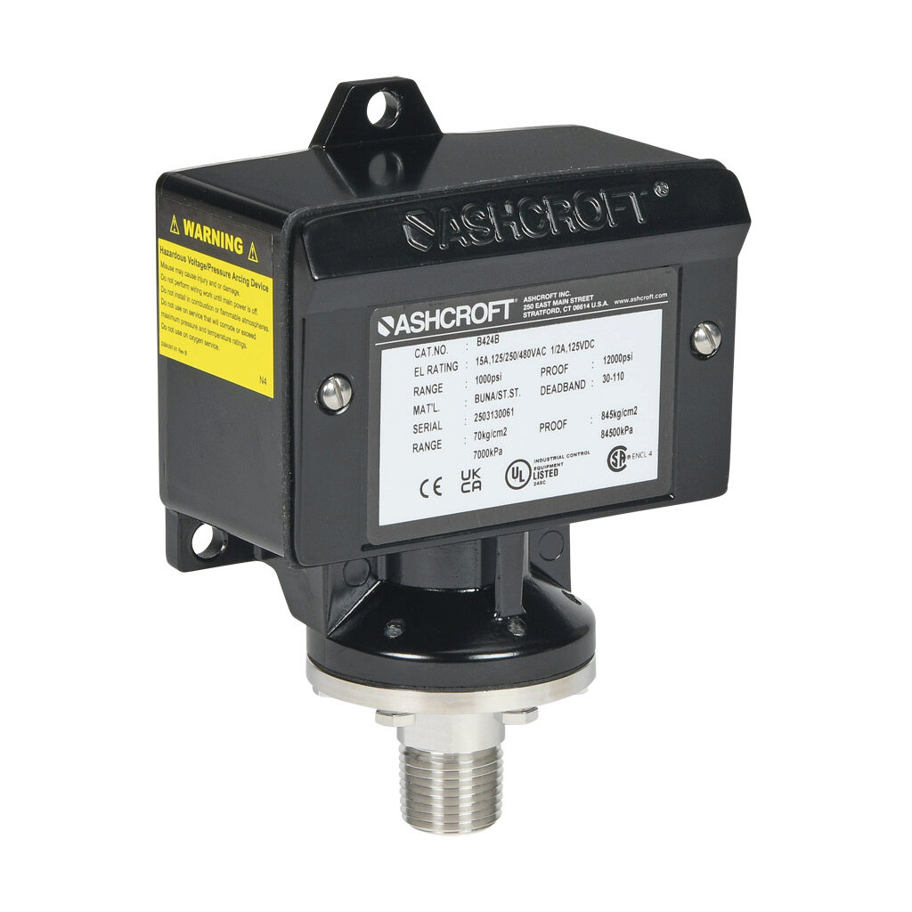 B424B1000 - Ashcroft mechanical pressure switch, 150 to 1000 psig set point, 30 to 110 psig deadband range, Buna-N sensing element, Buna-N seal(s), SPDT 15A, 1/2in male NPT or 1/4in female NPT process connection, 3/4in female NPT conduit opening.