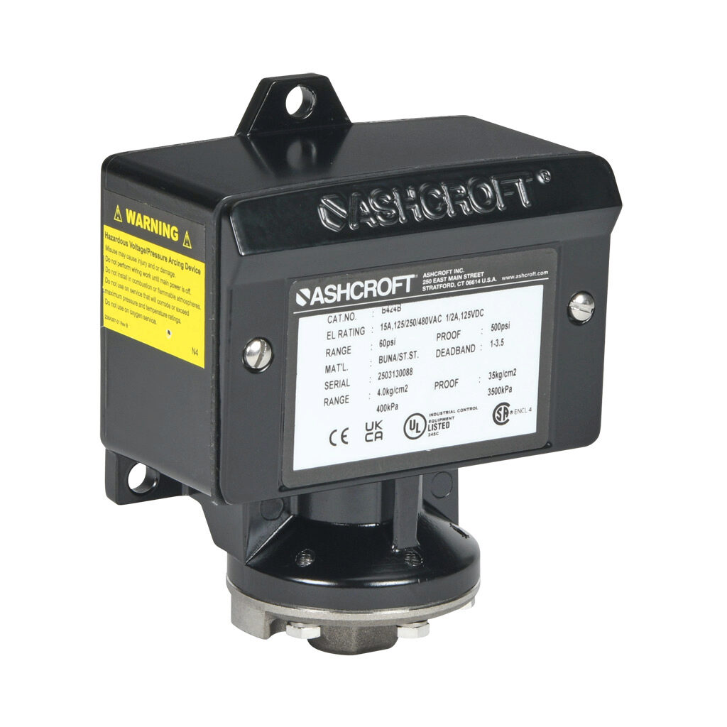 B424B60 - Ashcroft mechanical pressure switch, 9 to 60 psig set point, 1.0 to 3.5 psig deadband range, Buna-N sensing element, Buna-N seal(s), SPDT 15A, 1/4in female NPT process connection, 3/4in female NPT conduit opening.