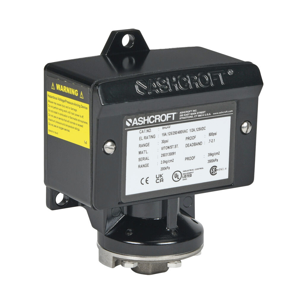 B424V30 - Ashcroft mechanical pressure switch, 4.5 to 30 psig set point, 0.7 to 2.1 psig deadband range, Viton sensing element, Viton seal(s), SPDT 15A, 1/4in female NPT process connection, 3/4in female NPT conduit opening.