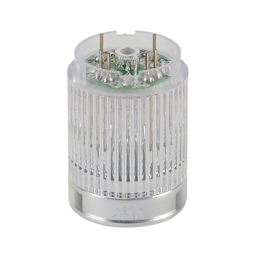 B72100115-7F1 - Patlite LED light element, 25mm diameter, clear/white, permanent light function, 24 VDC, NPN polarity, clear lens. For use with ME and MES series signal towers.