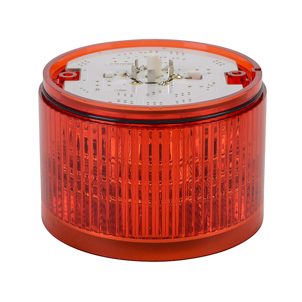 B72100151-1F1 - Patlite LED light element, 100mm diameter, red, permanent or flashing (60 fpm +/- 3 fpm) light function, 24 VDC, colored lens. For use with LKEH series signal towers.